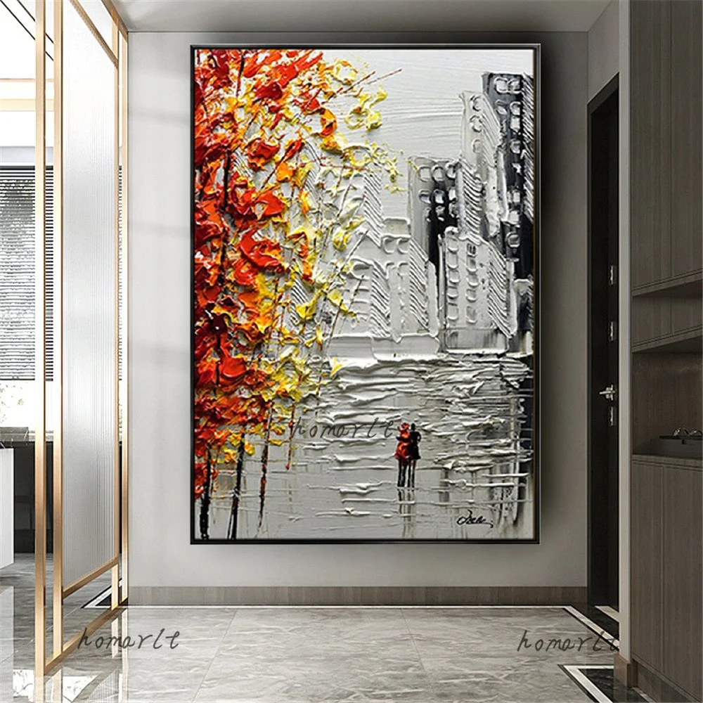 

Large 100% Hand Painted Modern Abstract Oil Painting Original White Orange Landscape Painting For Home Wall Textured Art