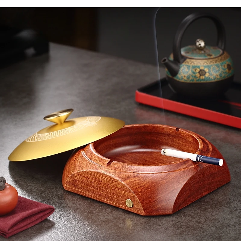 European high-grade solid wood ashtray simple living room household Ebony with cover fly ash copper