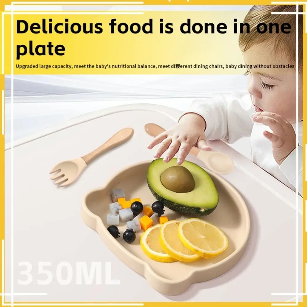 

Набор детской посуды с мультяшным медведем для прикорма: небьющаяся, нескользящая силиконовая тарелка на присоске, портативная, легко моющаяся детская посуда