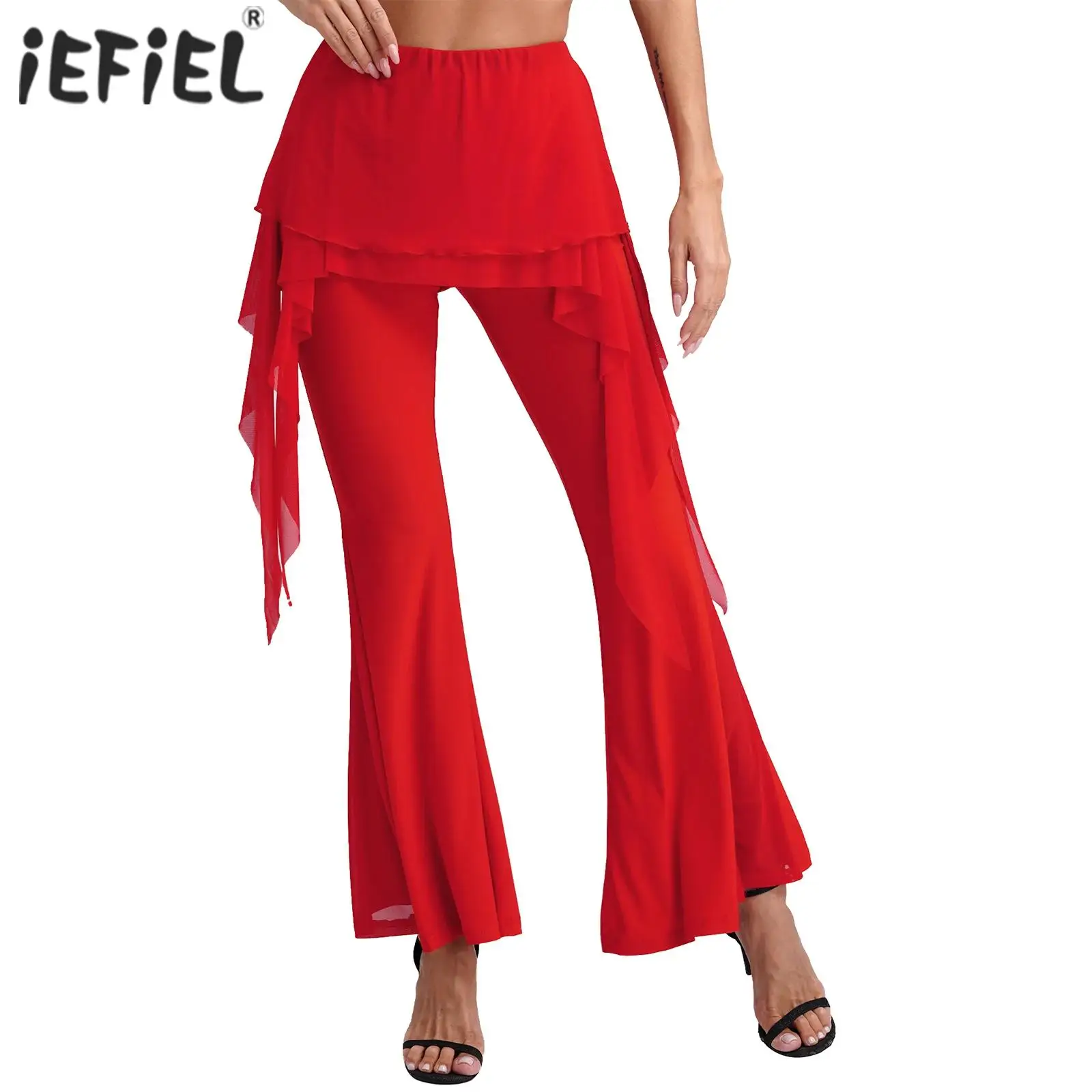 

Womens Latin Dance Pants Stage Performance Pantskirt Drawstring Mesh Skirted Flared Pants Bell-Bottomed Trousers Sport Dancewear