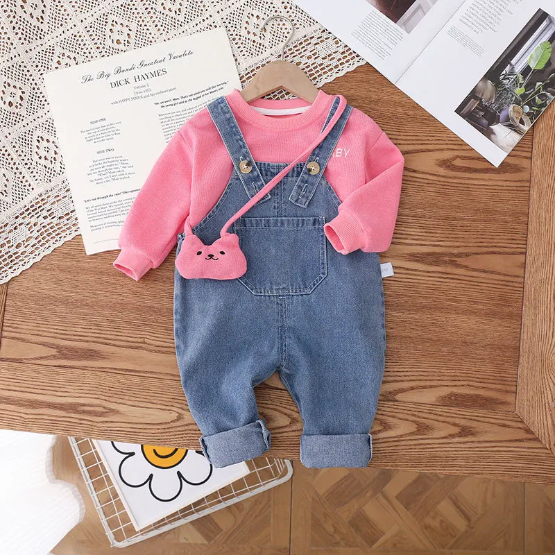 MILANCEL 3Pcs 2024 Autumn New Kids Clothing Set Brief Sweasthirts And Denim Overall With Bag Girls Hoodie Suit Boys Clothes Set