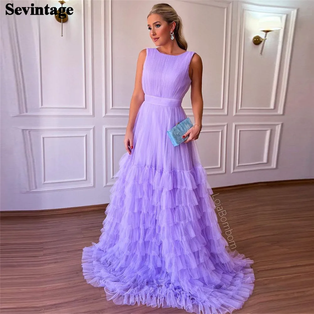 Sevintage Vintage Lavender Tulle Prom Dresses O-Neck Tiered A-Line Floor Length Formal Occasion Dresses فستان سهرة نسائ 2023