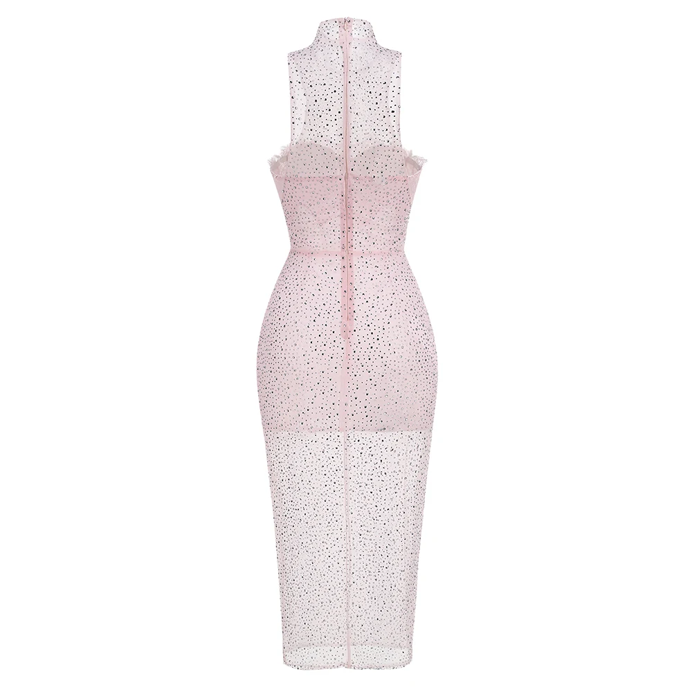 2024 Women Summer Sexy Light Pink See Through Beading Knee Length Bodycon Party Dress Korean Fashion One Piece Gala Gowns