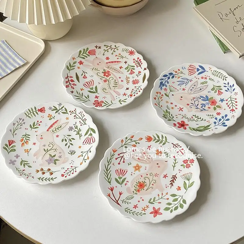 Plates Hand Drawn Dessert Cake Fruit Disc Ceramics Underglaze Color Souvenir Home Decor Flower Edge Accessories Lovely