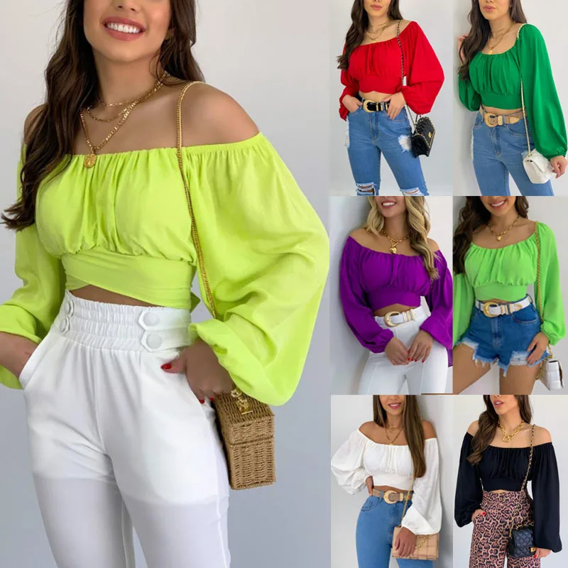 Women's Solid Color Crop Top With Lantern Keys, One-shoulder. Design, Erotogenic Tie Detail, And Puff Keys - A Fashionable Shirt