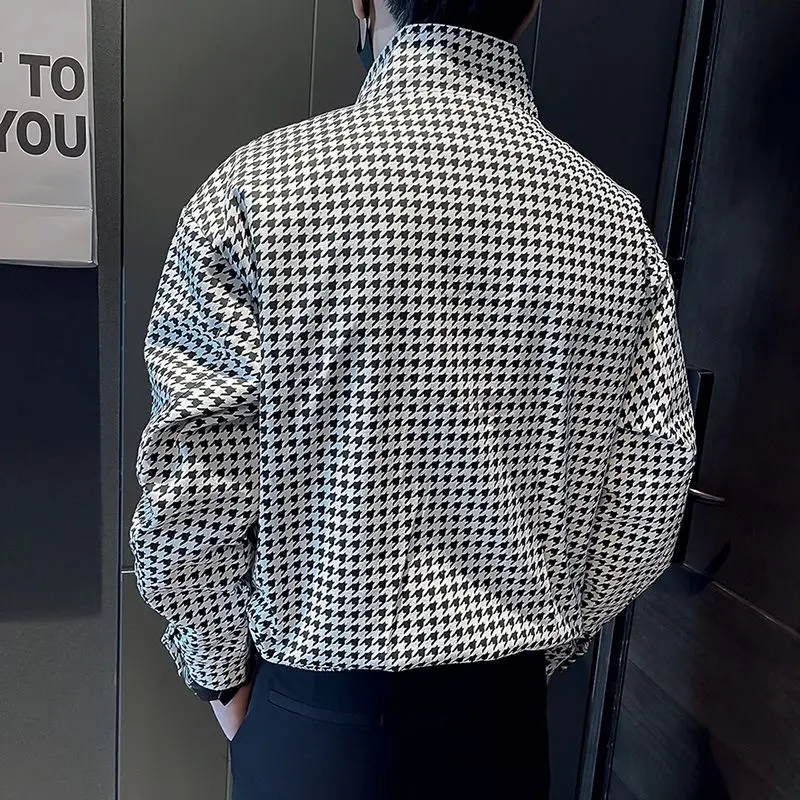 Men Spring and Autumn Brand Houndstooth New Splicing Stand Collar Button Zipper Pocket Fashion Loose Casual Long Sleeved Jackets