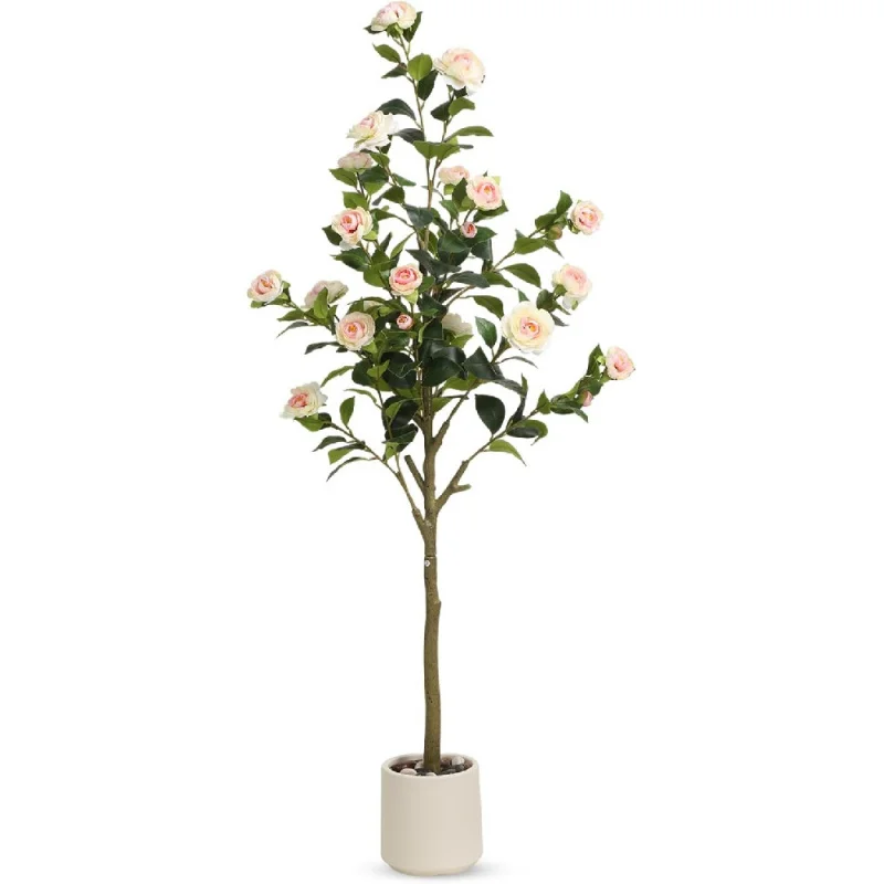 

Artificial Camellia Tree with White Planter & Pebbles,Faux Flower Tree with Lifelike Leaves and Realistic Trunk,Tall 5FT)