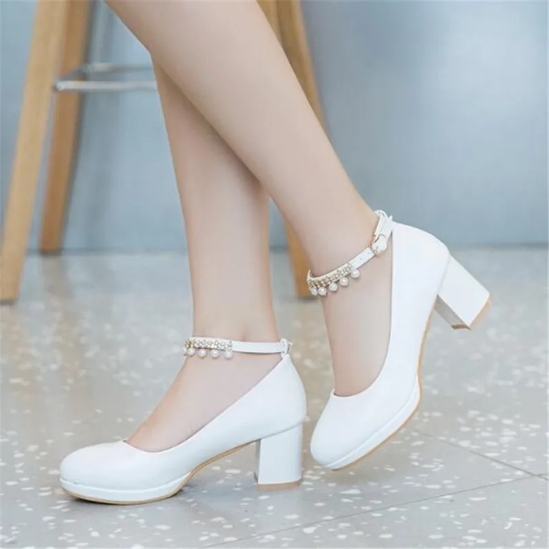 

Children Girls High heel Shoes For Kids Princess Sandals Fashion Pearl Thick Heel Shallow Female High heels For Party Wedding