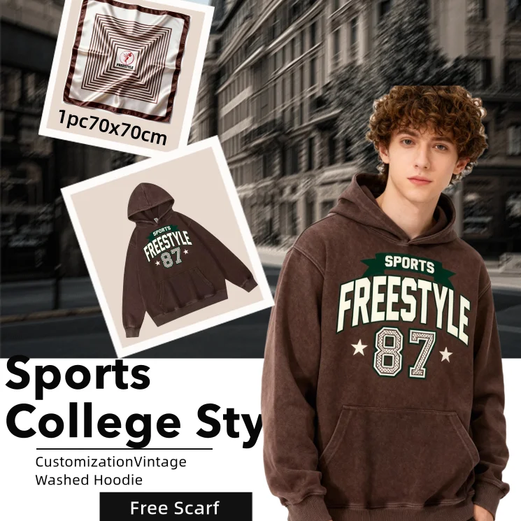 

Custom Washed Cotton Hoodie, Personalized Print, Unisex Streetwear Pullover|scarves|Free scarf|Style of the Sports College