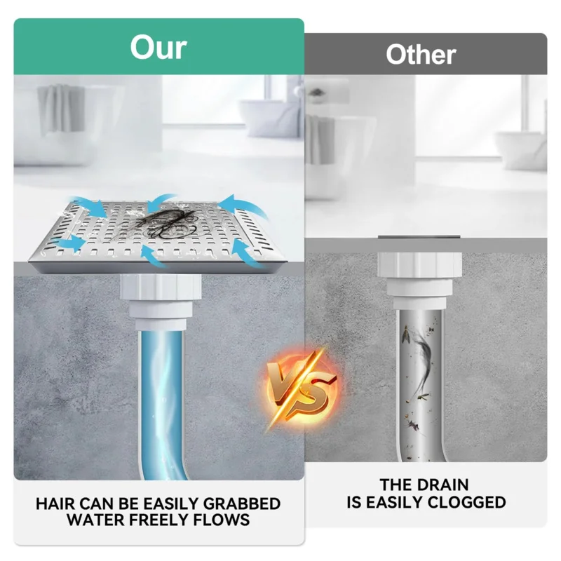 【シャワー排水口カバー2個パック】浴室用スチール製ヘアストレーナー、シンク用詰まり防止スクエアフィルターグレーチング、キッチンシンク用