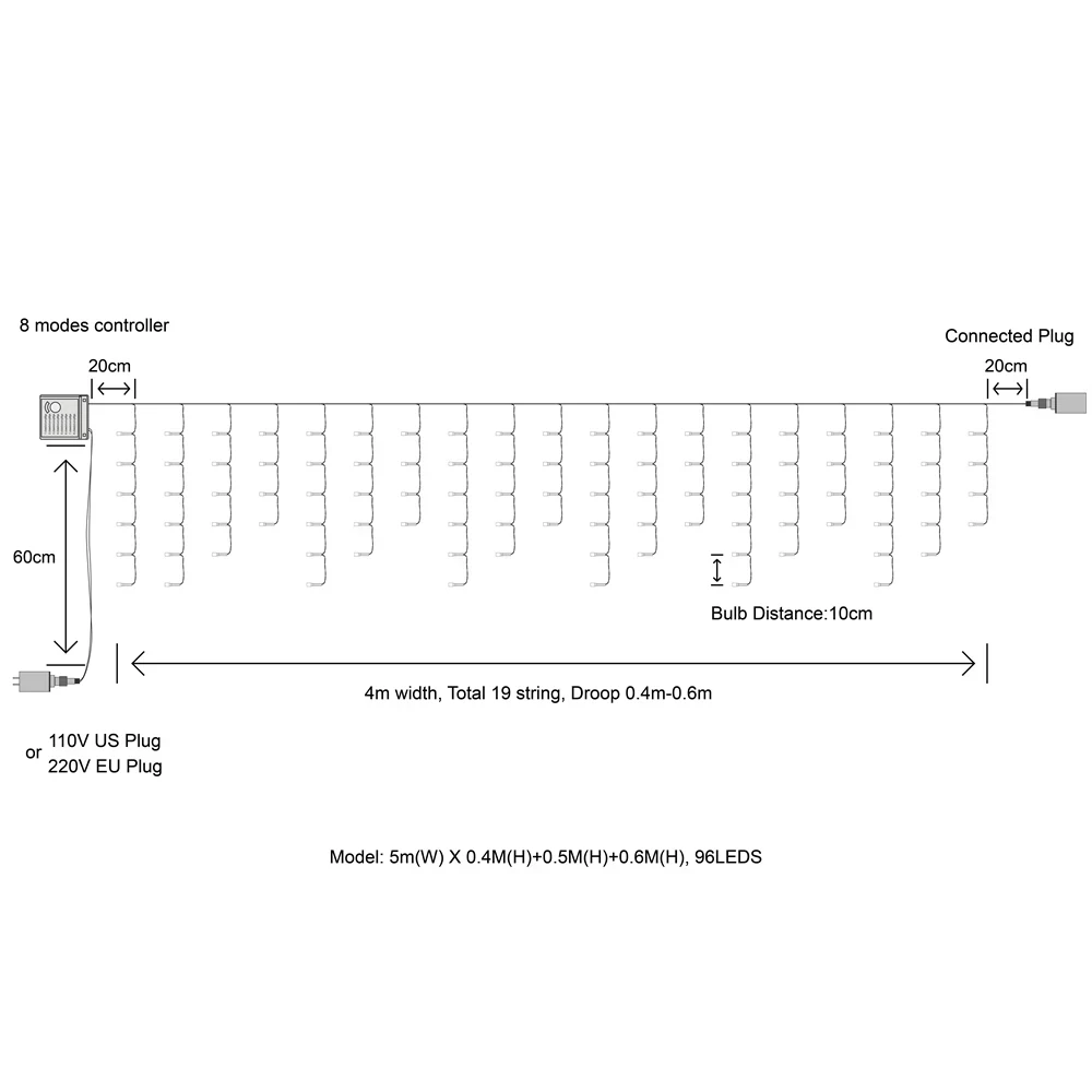Cortina de luces de carámbanos, 220V, 110V, cadena de luces, decoración navideña para exteriores, gota de 5m, caída de 0,3 m/0,4 m/0,5 m, fiesta en