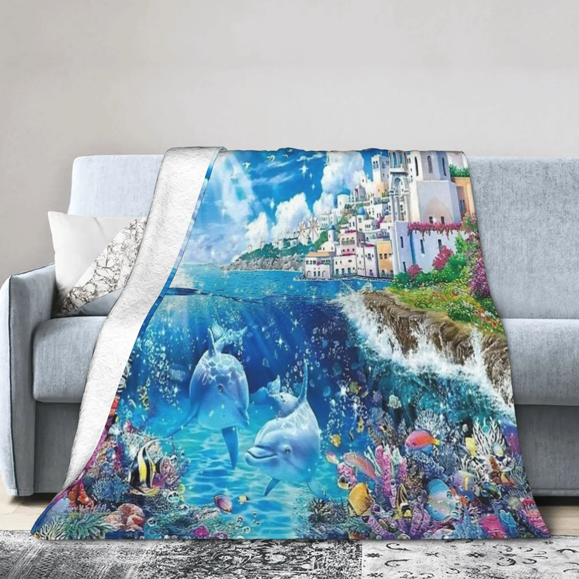 Dolphin Heaven How It Feels Blankets Frutiger Aero Flannel Throw Blanket Home Couch Printed Lightweight Bedspreads