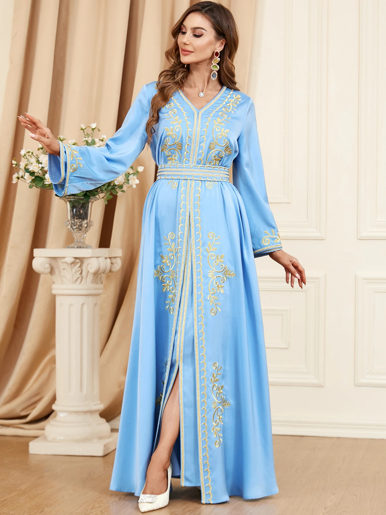 Autumn Muslim Abaya for Women Maxi Dress A-line Dresses Lace-up Morocco Kaftan Dubai Robe Party Dress 2 Piece Set Saudi Arab