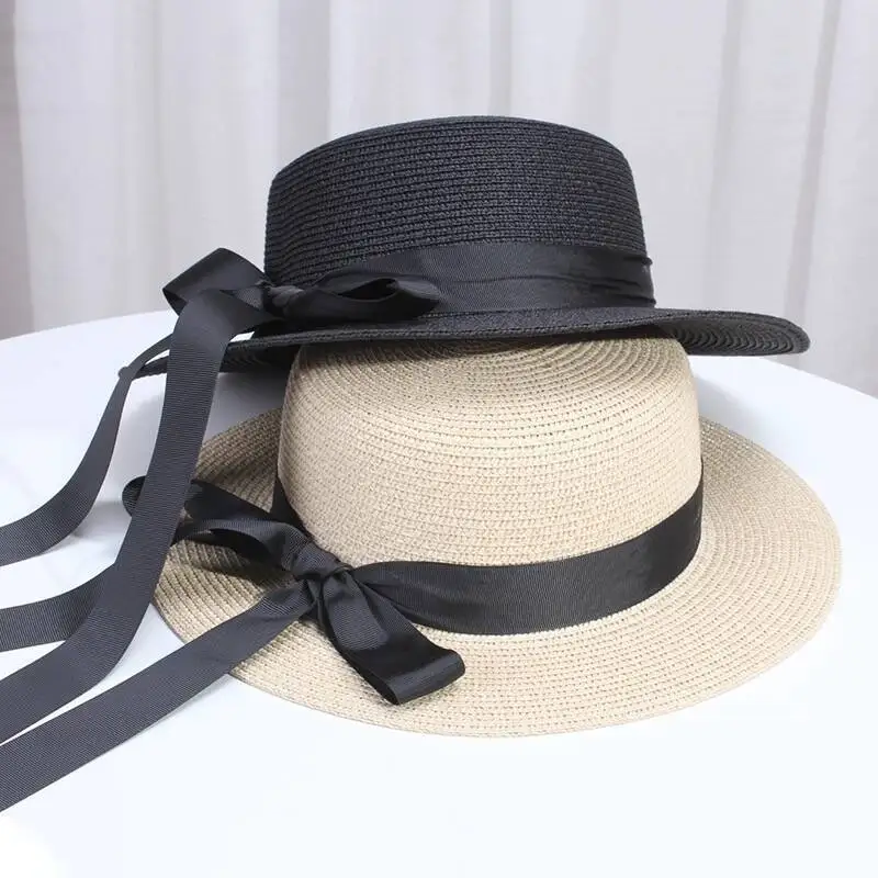 Summer Straw Hat For Women 2024 New French Ribbon Bow Flat Brim Sun Hat Casual Ladies Sun Protection Outdoor Beach Hat gorras 모자