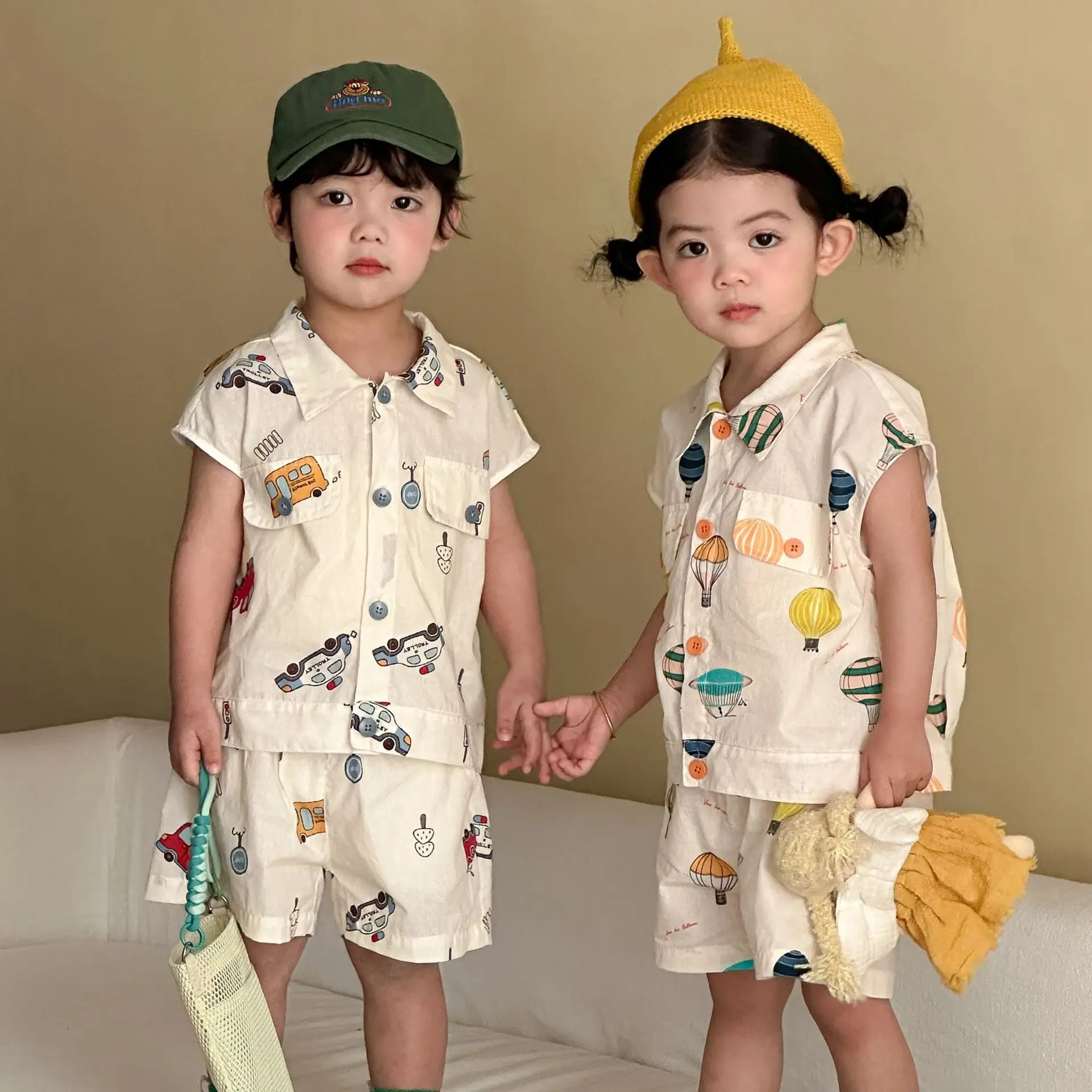 

2026 Summer New Children Short Sleeve Clothes Set Boys Girls Cartoon Print Shirts + Shorts 2pcs Suit Kids Thin Cotton Outfits