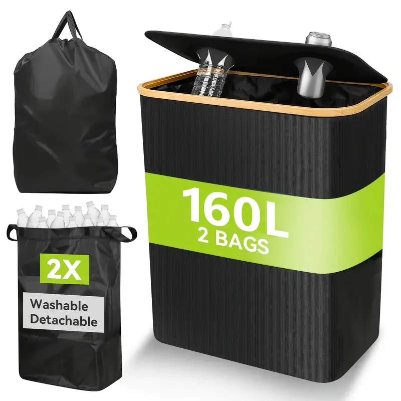 160 l doppelter Bambus-Wäschekorb, faltbarer Müllflaschensammler, Recyclingboxen mit Deckel und 2 herausnehmbaren Innentaschen