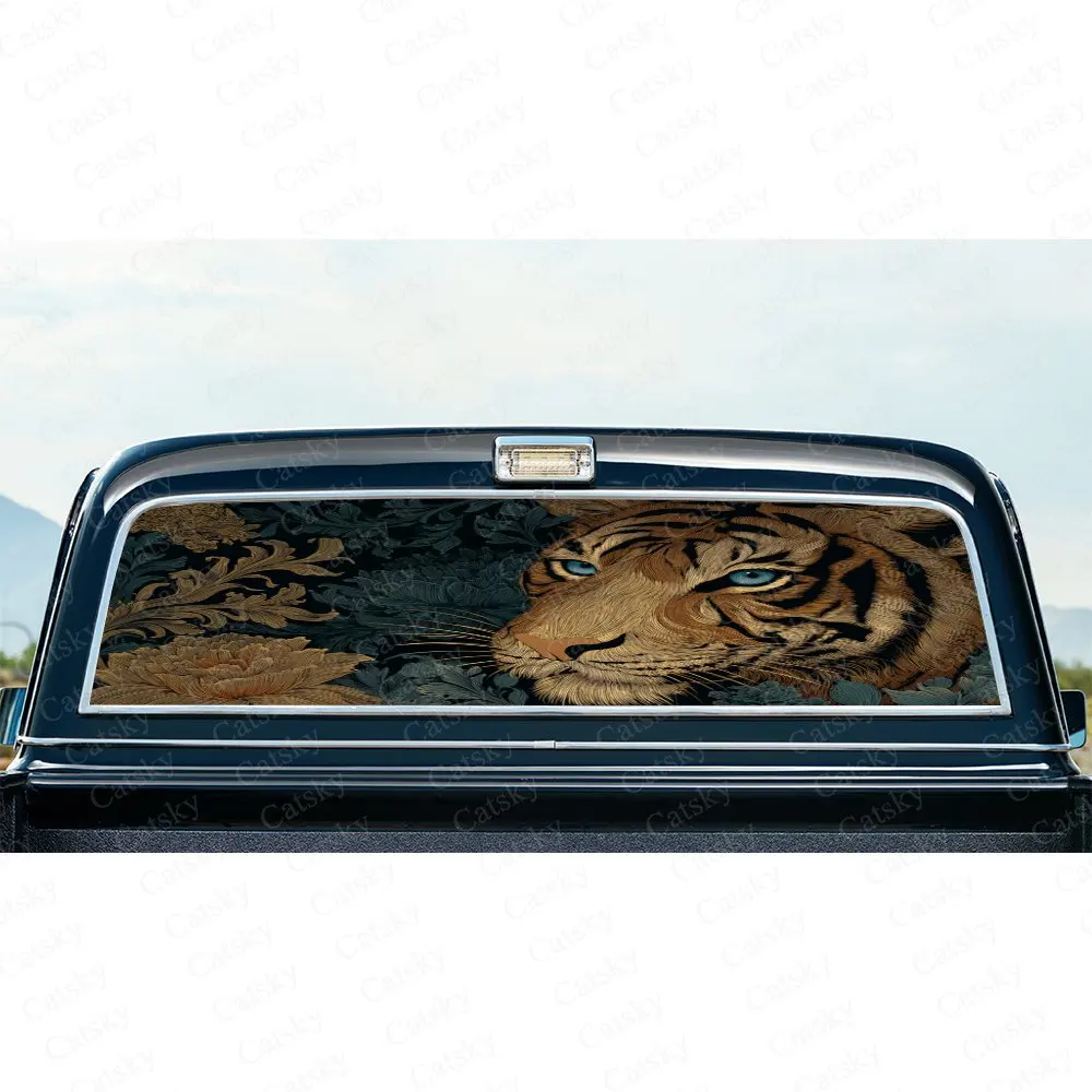 Car Decal with Brown-Toned Artistic Textured Fierce Tiger Profile Background, Car Rear Window Sticker, Waterproof Self-Adhesive