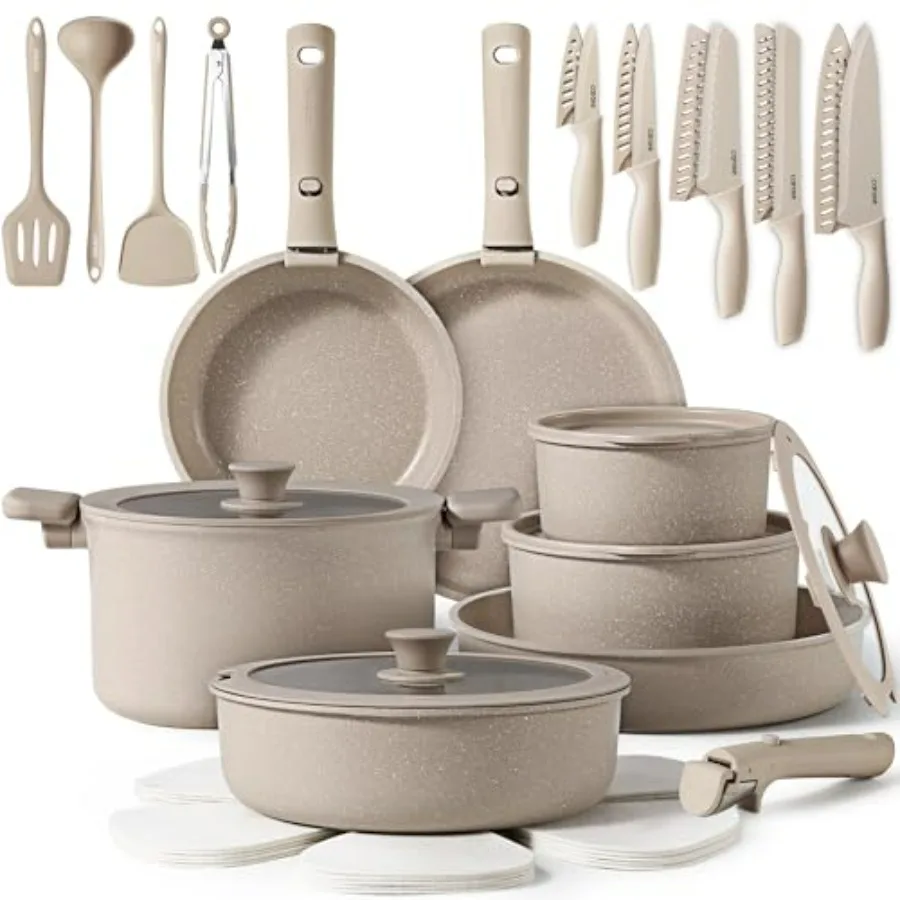 

CAROTE 35pcs Pots and Pans Set Non Stick Cookware Set with Removable Handles for Easy Storage Oven Safe up to 450F Compatible w