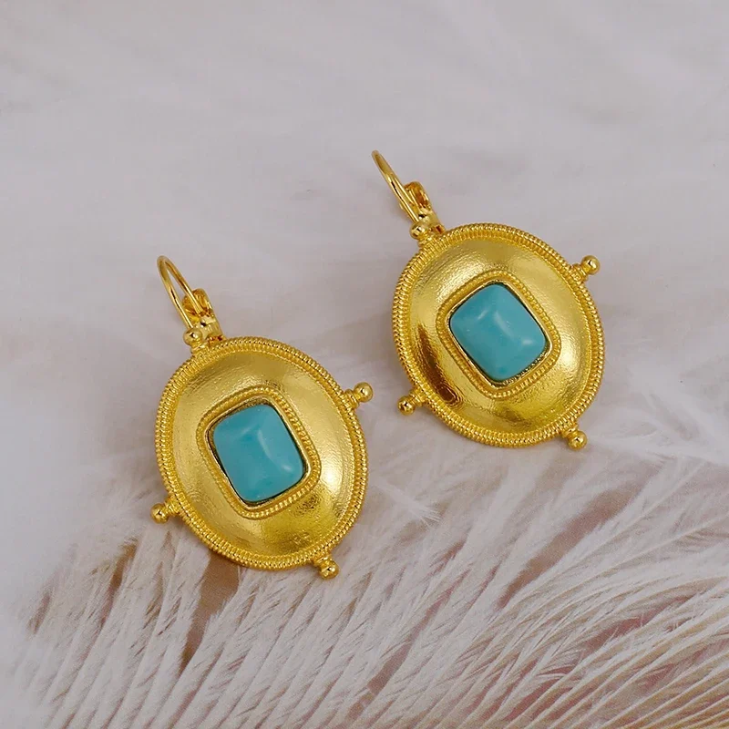 Vintage Court Gold Color Ornate Earrings for Women Creative Ethnic Style Imitation Turquoise Earrings Party Jewelry Gifts