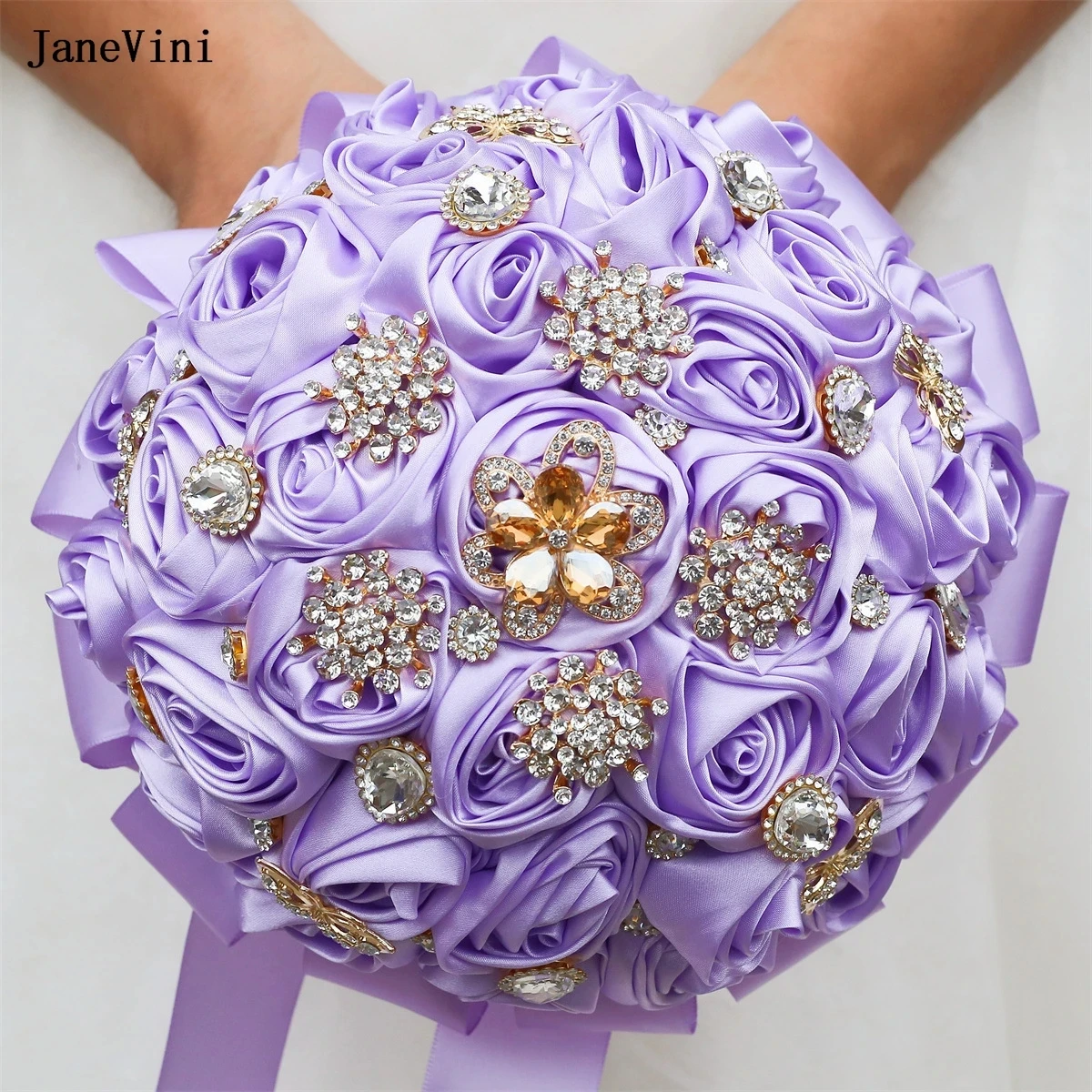 

JaneVini Luxurious Crystal Rhinestones Light Purple Bridal Flower Bouquet Satin Jewelry Wedding Bouquets for Bride Bridesmaids