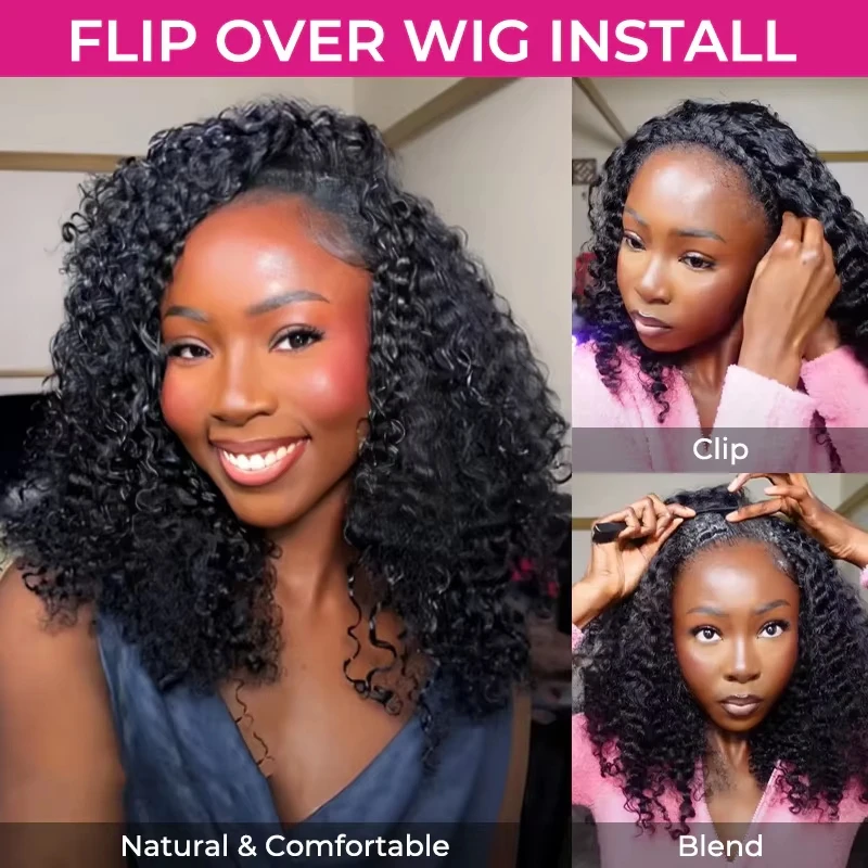 210 Density Kinky Curly 3 IN 1 Half Wigs Human Hair With Drawstring 30 32 Inch Deep Wave Hair Half Wig Deep Wave Ready to Wear Half Wigs Full Machine Wig image 5