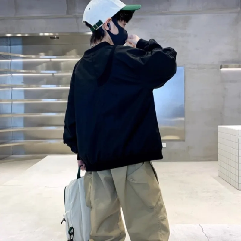 سترة بيسبول للأولاد لربيع وخريف 2025 بتصميم كوري، سترة سوداء فضفاضة برقبة دائرية مناسبة للأطفال الكبار #2