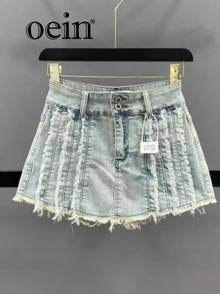 

[oein] Style Girl Denim Mini Skirt Pants For Women In The Summer Of 2024 With Fringed Edge Design, Slimming A-line Hip