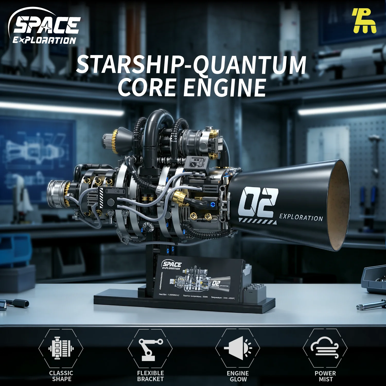 Starship Quantum Core Engine Building Blocks Space Exploration Rocket Engine Mechanical Bricks Set with Display Stand Toy Gift