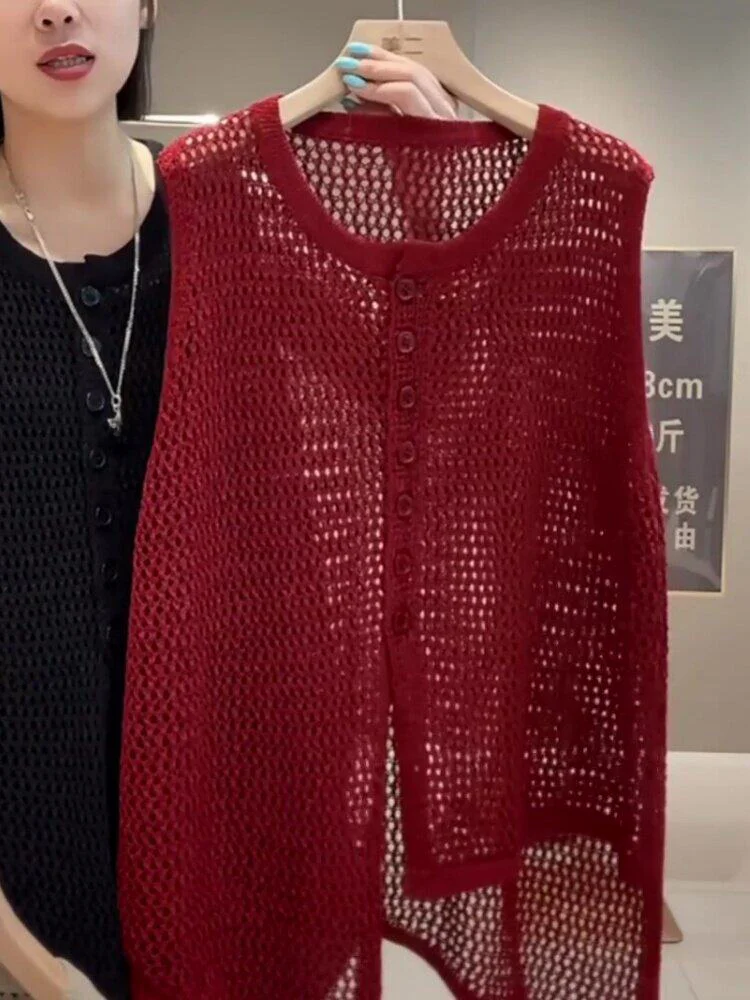 Fashionable European Style Loose Slim round Neck Knitted Vest Women's Hollow out Trendy Versatile Sleeveless Tank Top