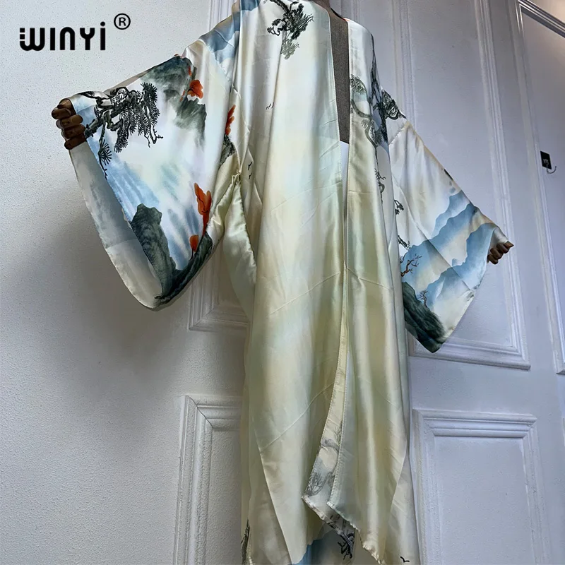 Winyi Zomer Kimono Afrikaanse Boho Print Jurk Strandkleding Elegant Vest Sexy Vakantie Strandoutfits Voor Dames Vestidos Bedekken