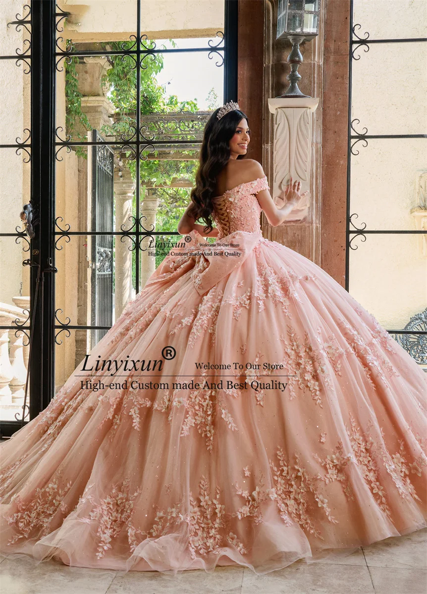 Mexican Pink Ball Gown Quinceanera Dresses 2024 3D Flower Applique Off Shoulder Big Bow Sweet 15 16 Dress Birthday Party Wear