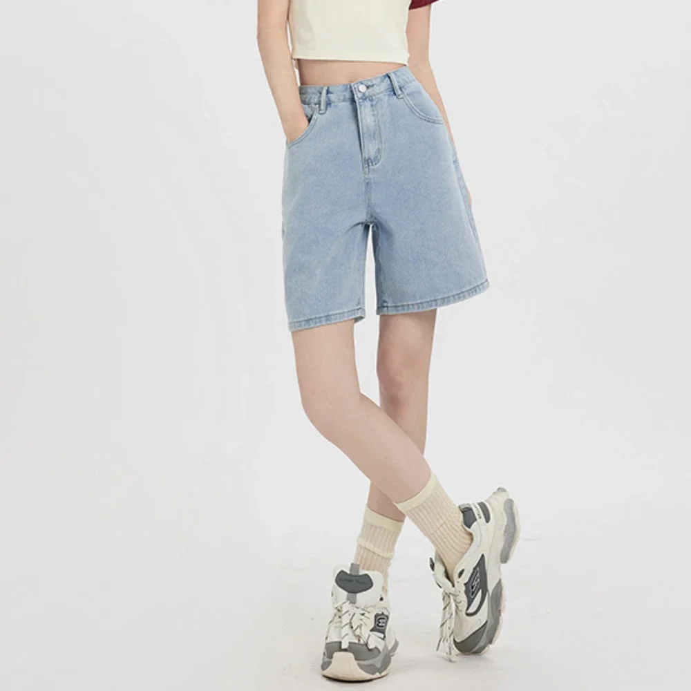 Denim Short Jeans Knee Length Straight Women Jean High Waist Summer Zipper Fly Pockets Loose Vintage Washed 2025 Solid Basics