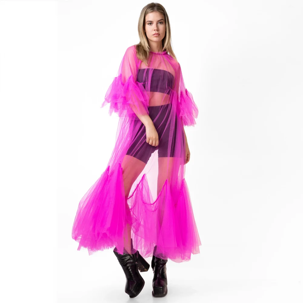 فساتين حفلات فوشيا تراكب بأكمام من التل بطول الكاحل فستان نسائي شفاف على شكل حرف A طويل مطوي شفاف من خلال فساتين الحفلات الراقصة