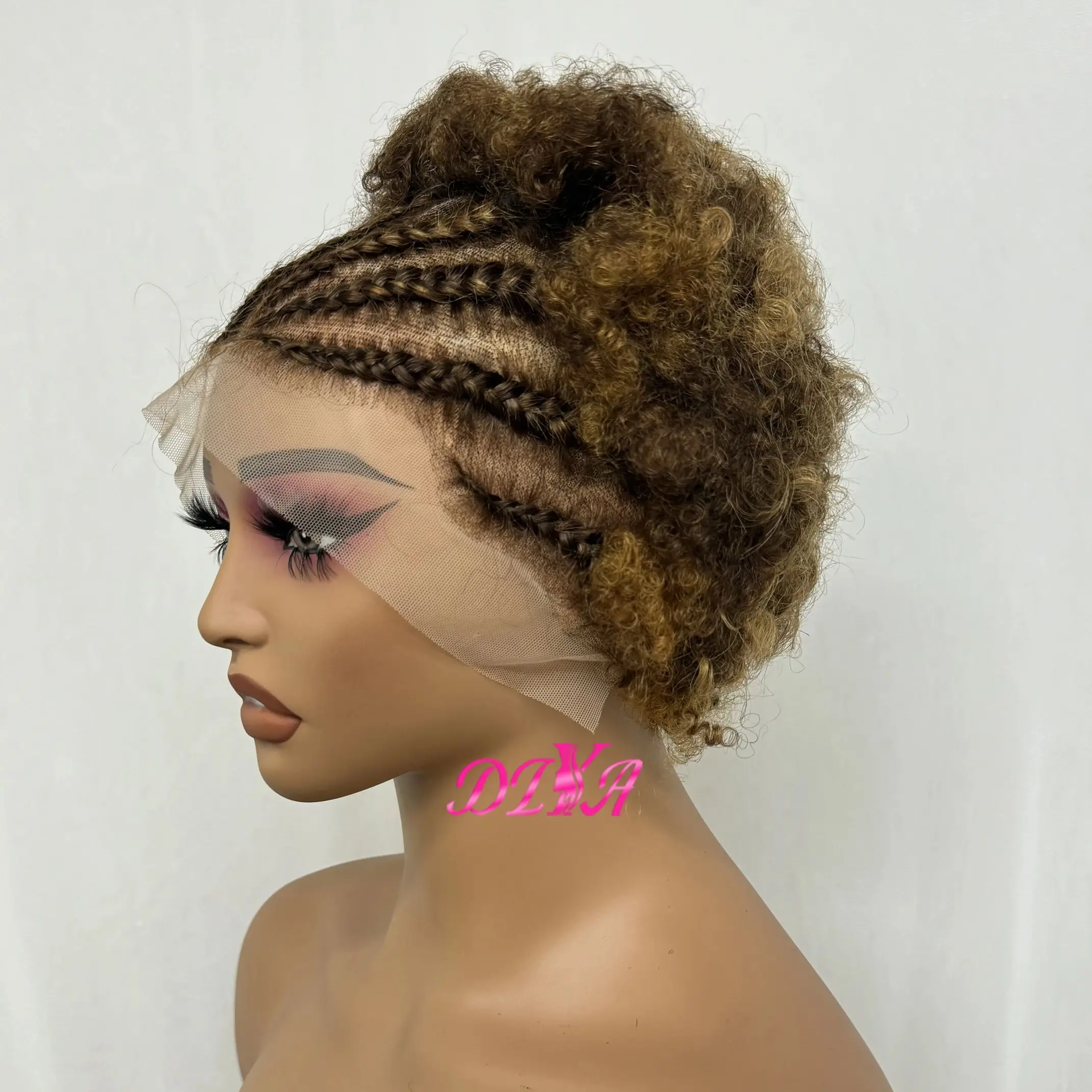 250% Density 4/30 Highlight Afro Kinky Curly Bouncy Human Hair Wig with Braids 13x4 Transparent Lace Frontal Wig for Black Women