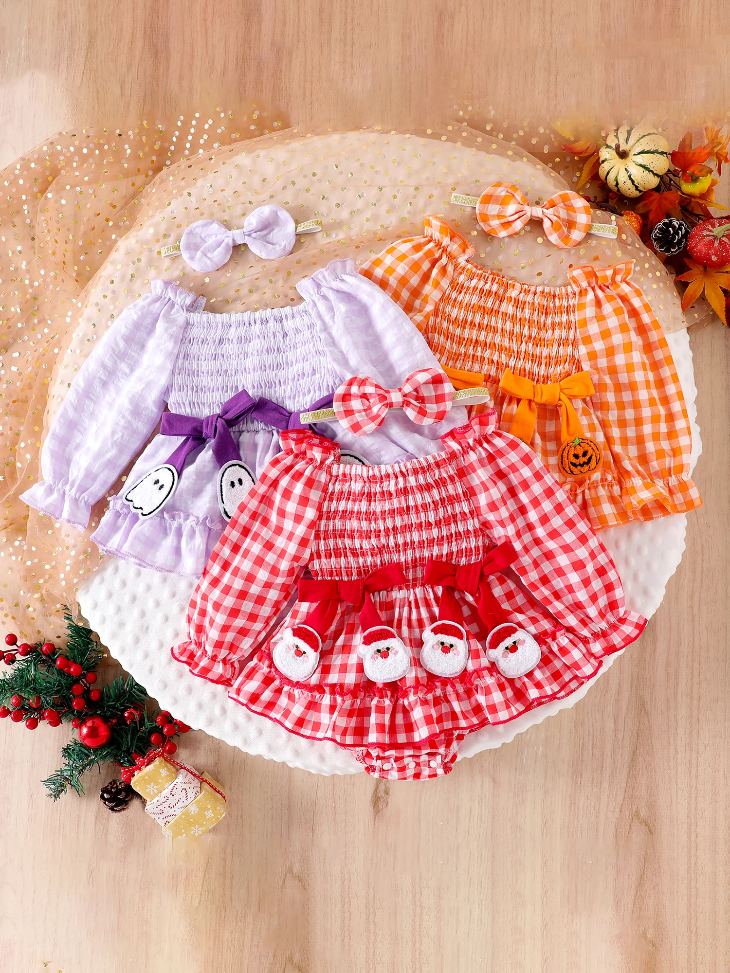 

Toddler Halloween Costume Set with Pumpkin Print Long Sleeve Romper Dress and Matching Bow Headband for Baby Girl