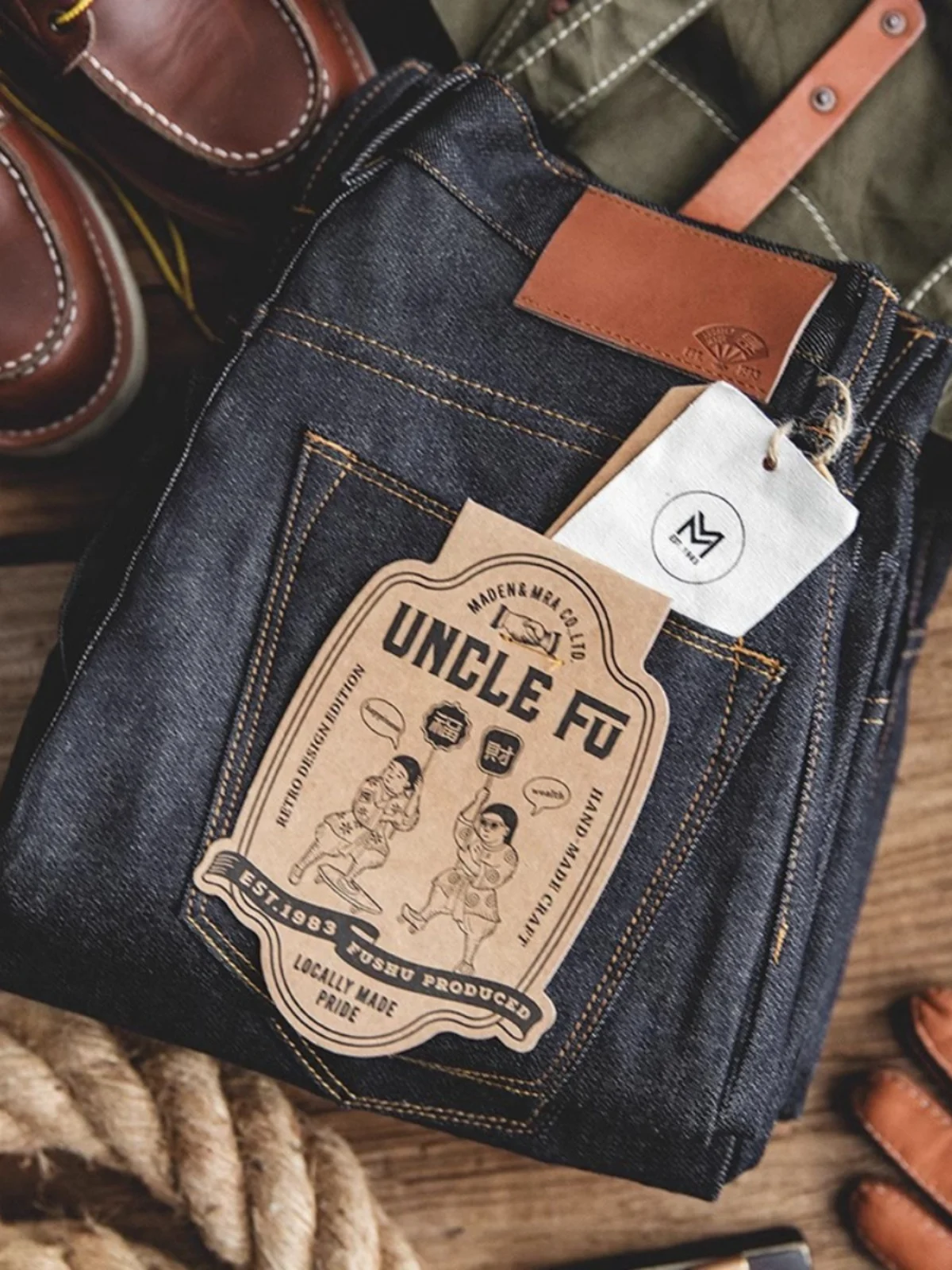 

Maden Retro Heavyweight Original Color Red Ear Denim mid Waist Jeans Loose Deep Color Men's Spring Straight Leg Long Pants