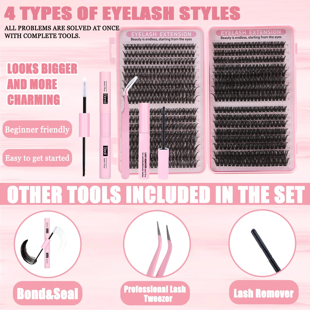 DIY Wimpernverlängerungsset, Wimperncluster-Set, natürliche C-Locken-Cluster, individuelles Wimpern-Set mit Wimpernbindung und Siegelpinzette