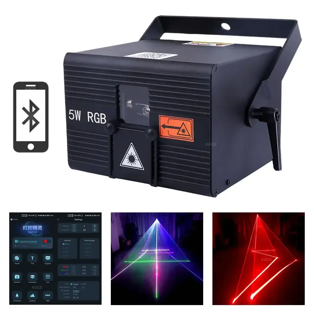 

Android/iOS Phone Bluetooth APP 5W RGB FullColor DPSS Animation Scan Projector Laser Light ILDA DMX Party DJ Show Stage Lighting