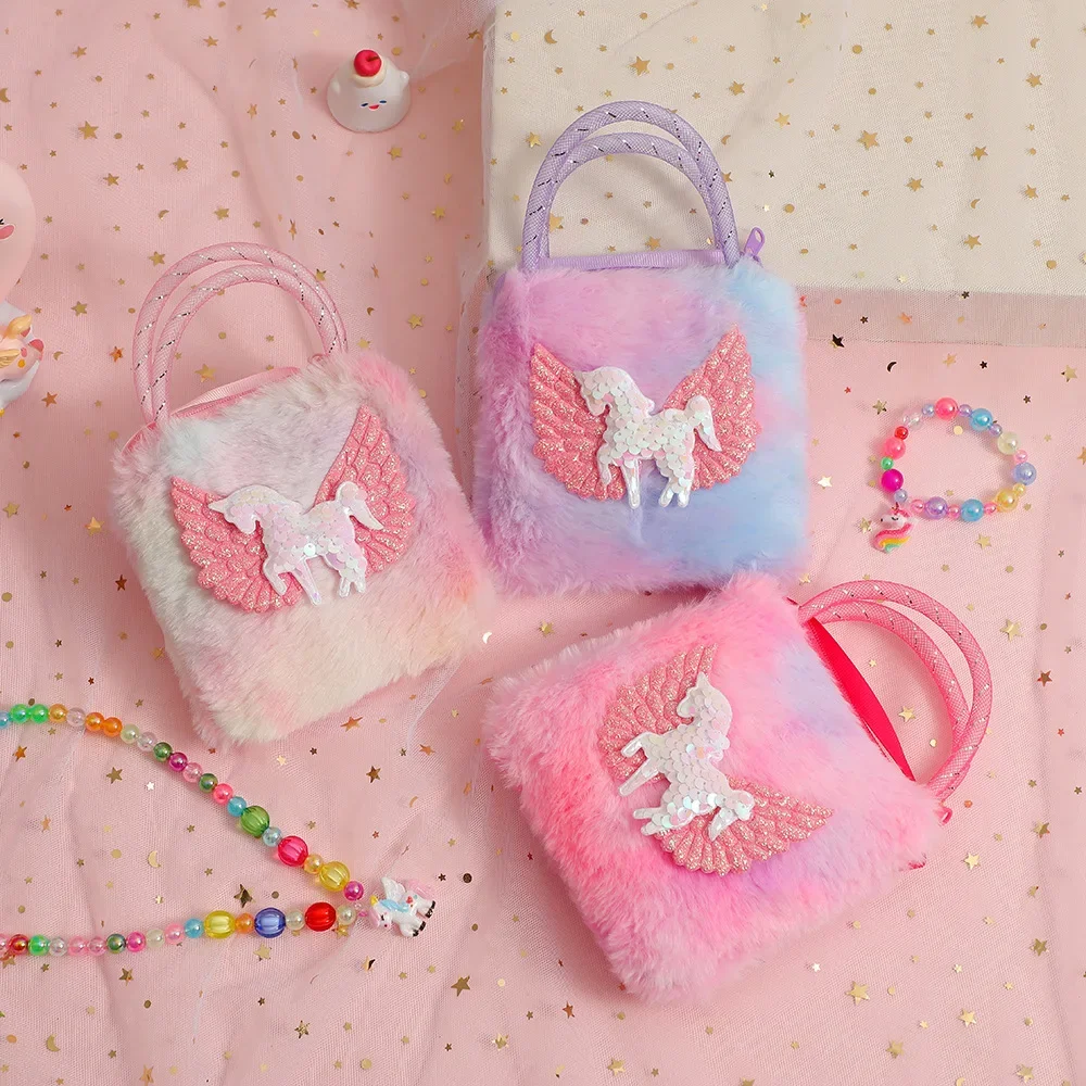 Mini-Einhorn-Handtaschen für kleine Mädchen, 2–5 Jahre, Baby-Mädchen-Geschenk, schöne Flügelpferd-Kinder-Kleintasche, niedliche pelzige Tasche