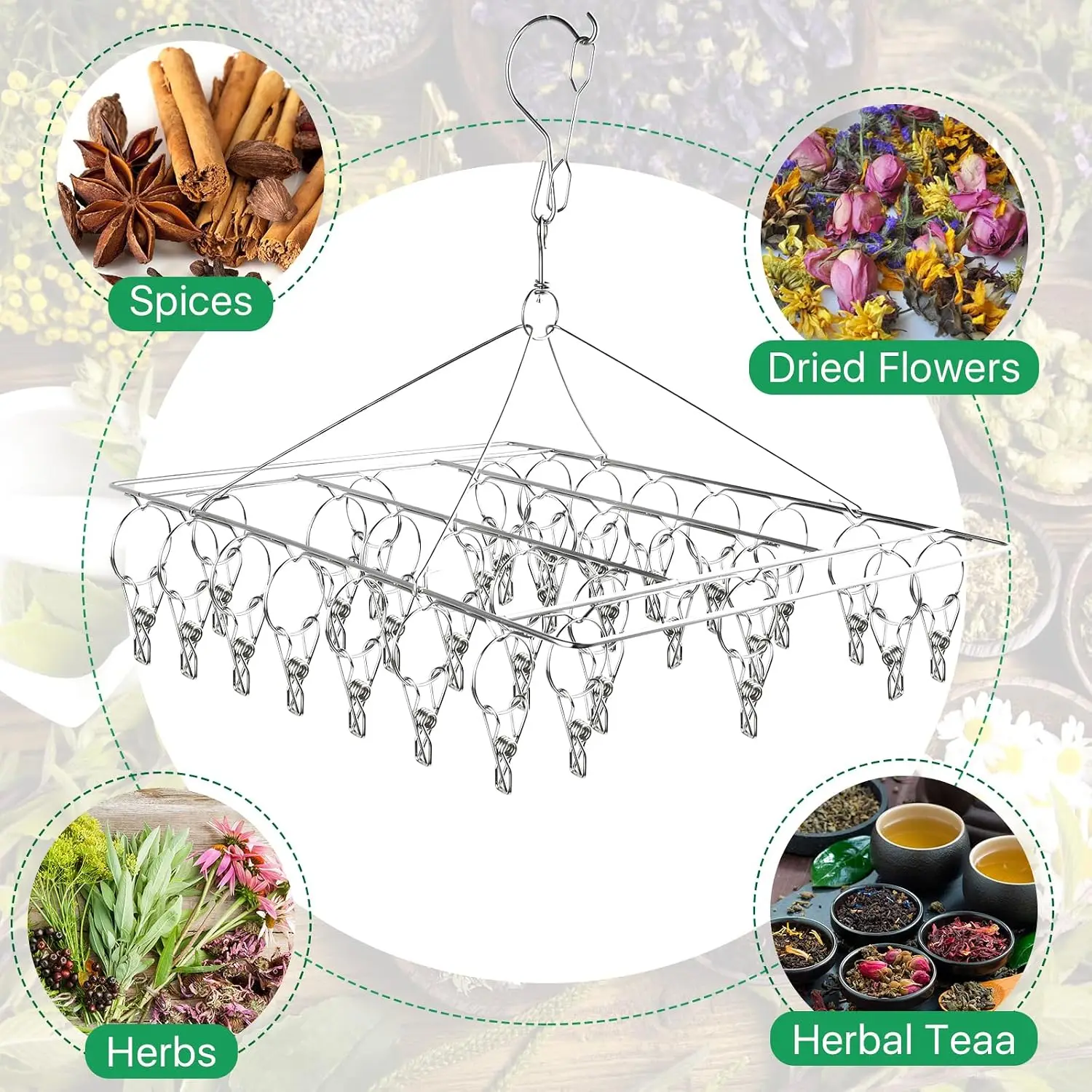 Herb Drying Rack for Drying Spices, Rustproof Dryer with 30 Hooks | 4 Pack, No Assembly Required, 360° Swivel Air Circulation, S