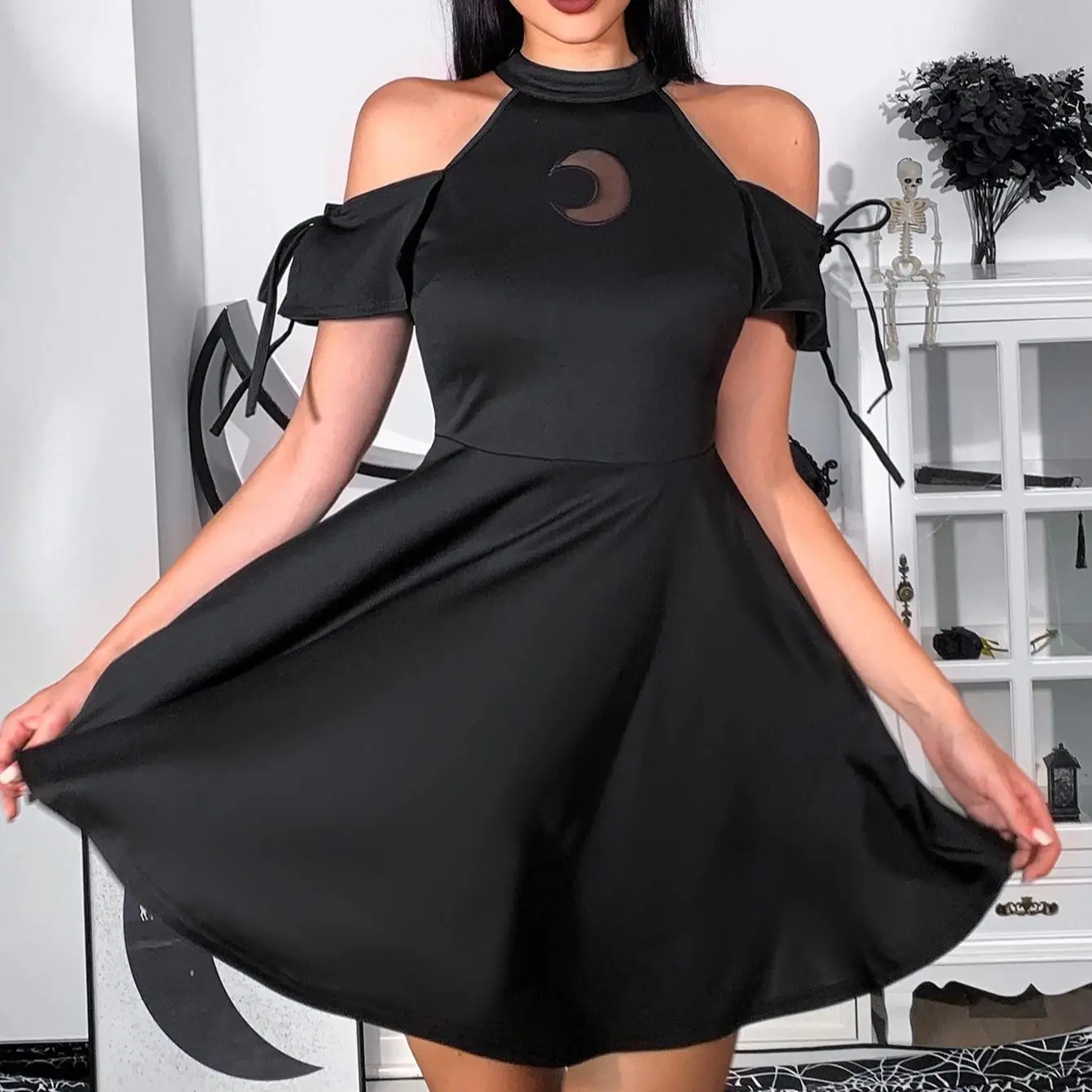 Women's Gothic Summer Dresses European and American Style Simple High Neck Dark Hollow Moon Short Dresses