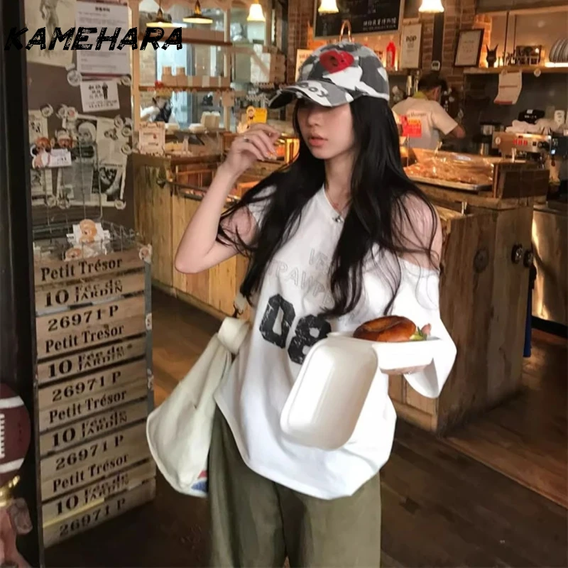 

KAMEHARA Y2k Japanese Summer Thin Lace Oulder Bared Long Sleeve Tee Women's Pure Desire Design Sense Oblique Collar Top Kawaii