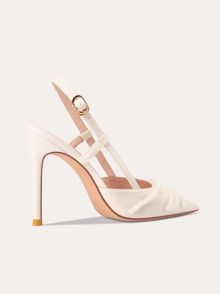 Sandal Hak Rendah Rantai Mutiara Kulit Runcing Baru Musim Semi dan Musim Panas Sepatu Wanita Ukuran Besar Perjamuan Hak Tinggi Tipis