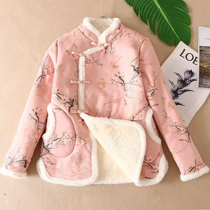 2024 Winter New Fashion Women Plush Cotton Coat Standing Neck Embroidered Pan Button Cotton Coat Large Female Warm Jacket L-4XL