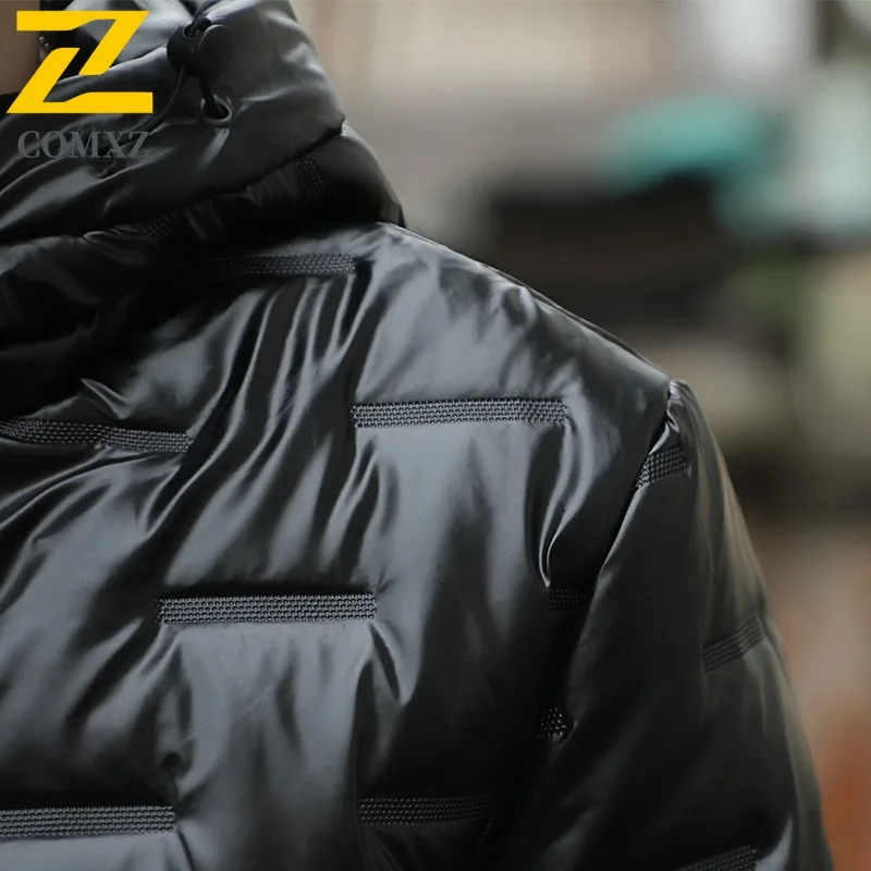 COMXZ 2025 Men Korean Shiny Hooded Thickened Winter cotton-padded Jacket Warm Tactic Waterproof and Windproof Outdoor Sport Coat