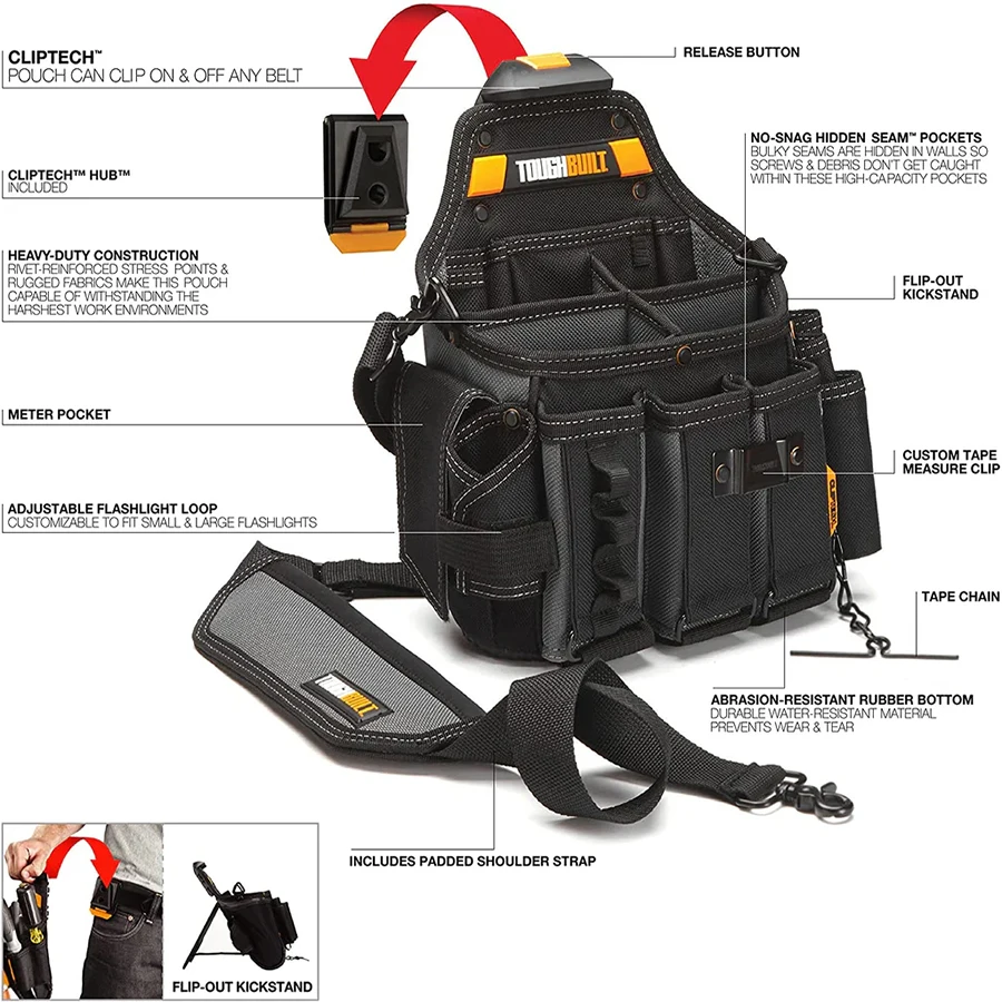 TOUGHBUILT TB-CT-104 Master Electrician’s Pouch + Shoulder Strap with 25 Pockets and Loops Non-slip Rugged Tool Bag Pouch