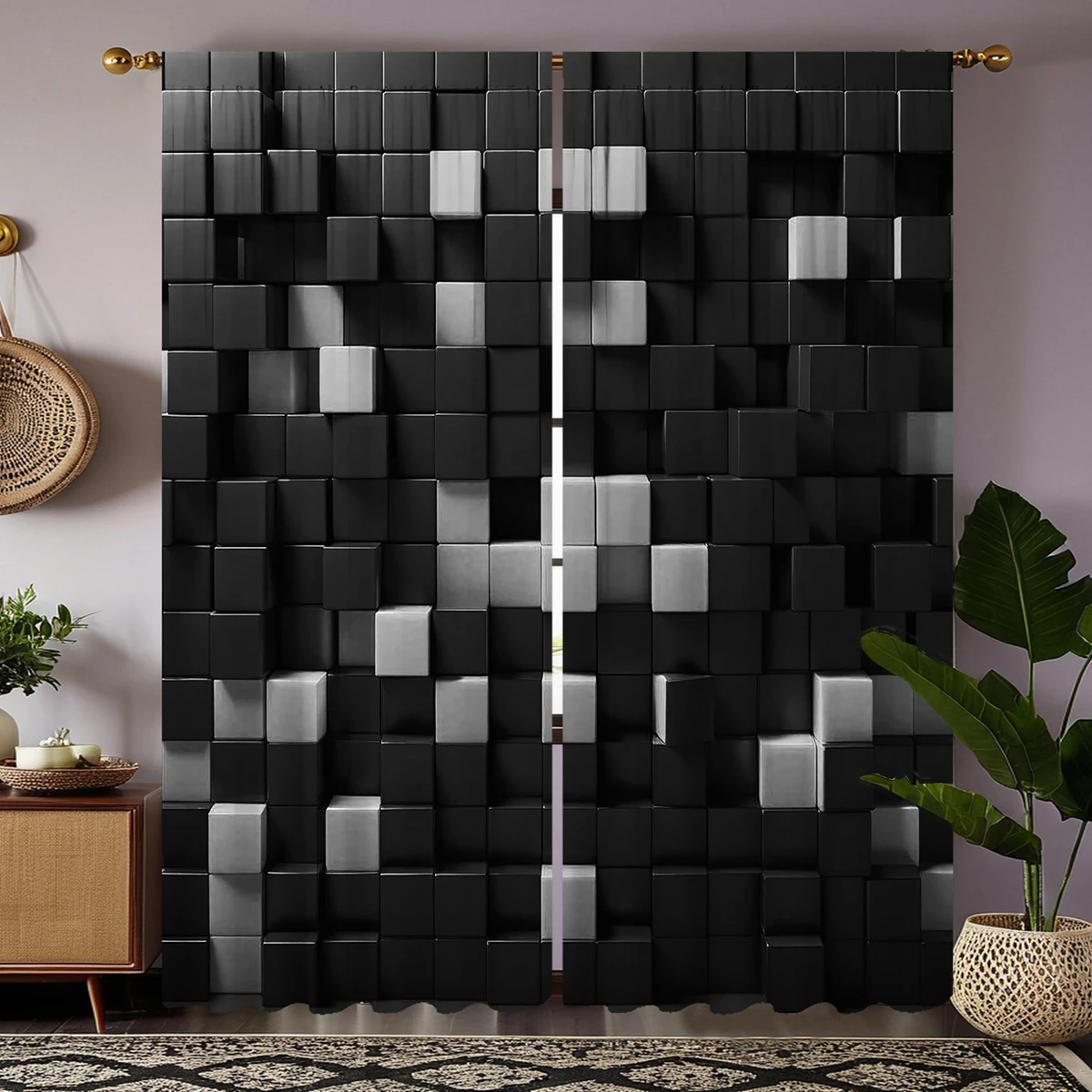 2 pieces of HD digital black and white stereo wood block curtain home decoration style decoration living room bedroom rod curtai