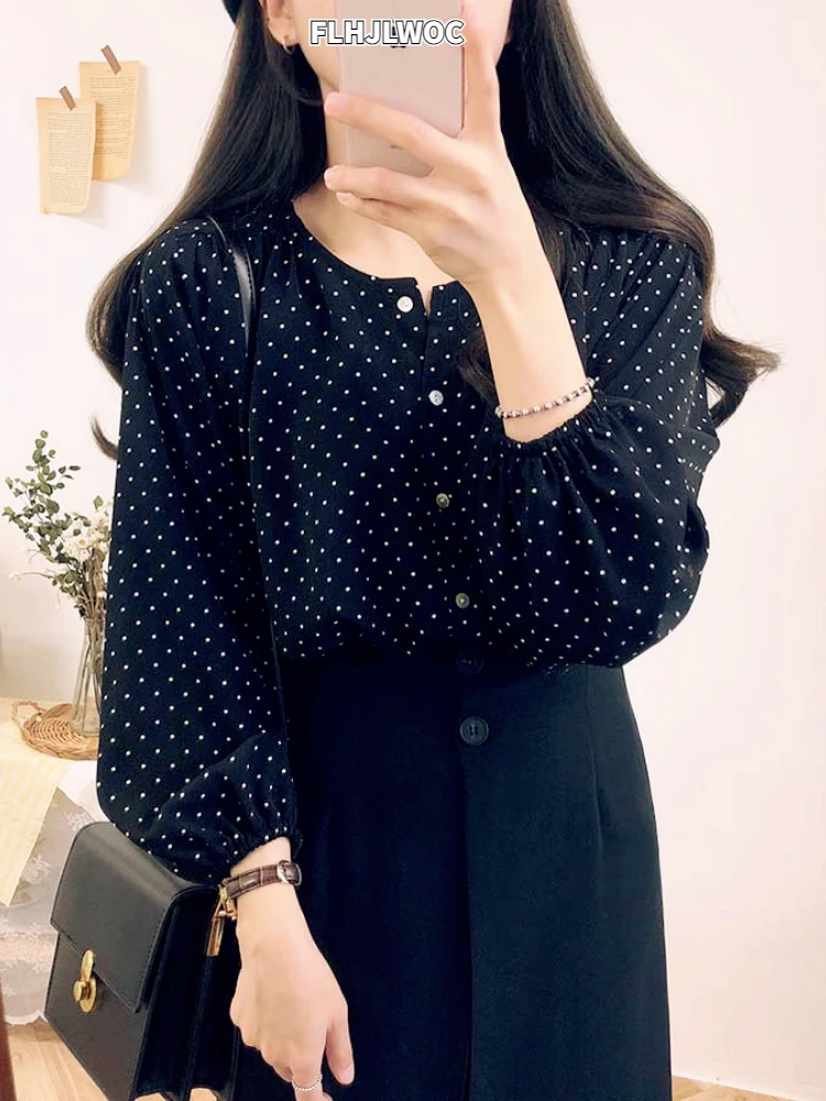 

2020 Spring Summer New Design Tops Women Hot Sales Korea Japanese Preppy Style Girls Black Polka Dot Button Shirts Blouses 5197