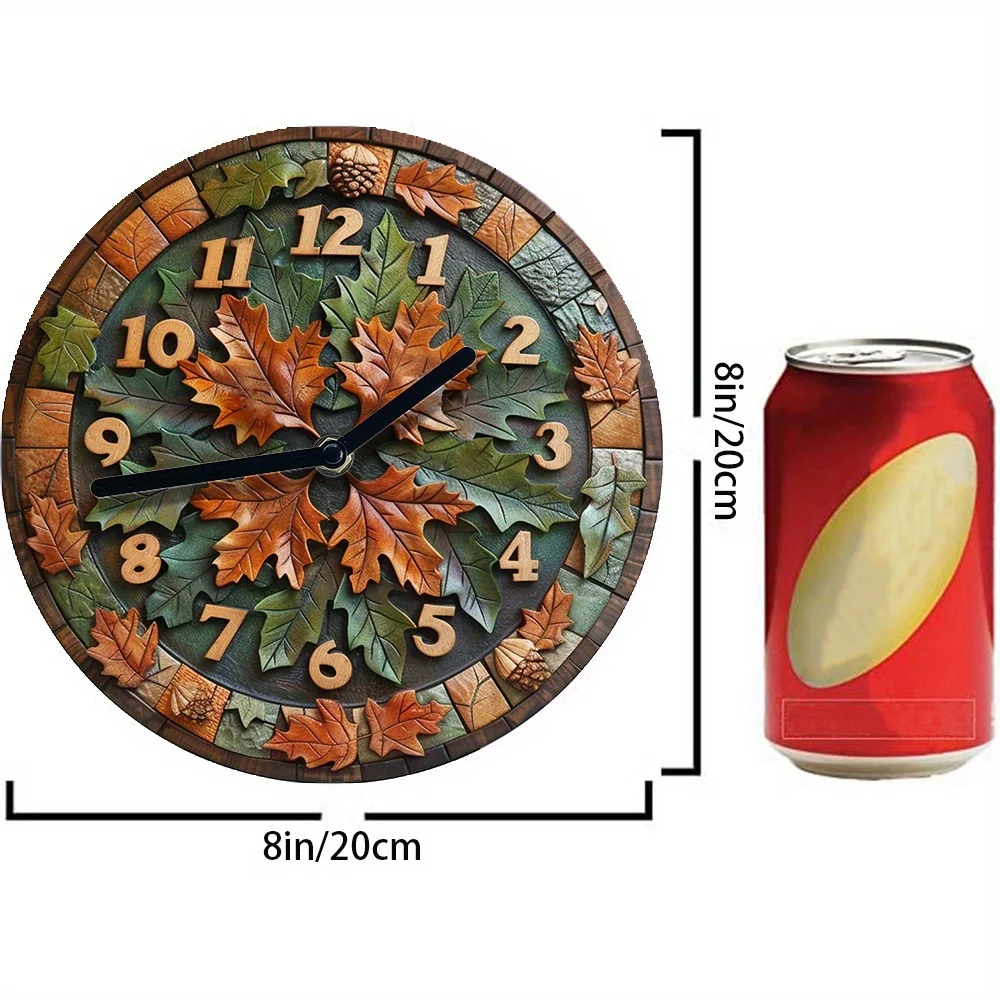 DIY Assembly Wall Clock Kit with 2D Autumn Leaves & Acorns Print – Decorative Metal Wall Clock for Living Room, High-Definition