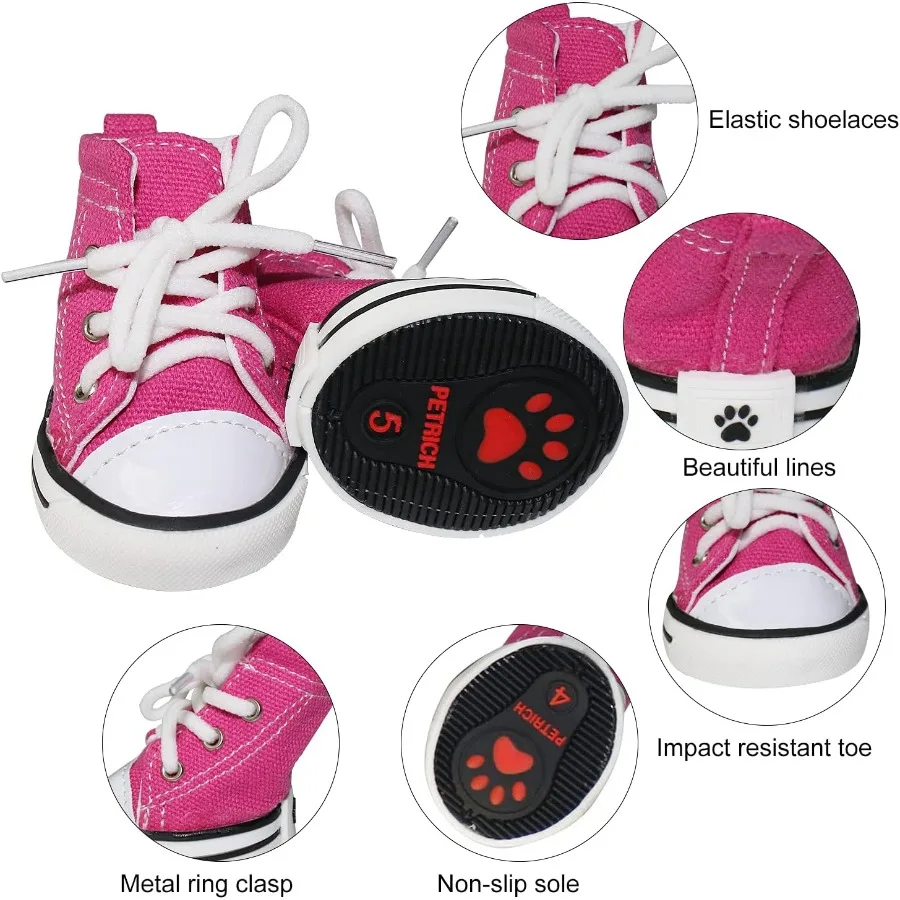 4개입 애완견 강아지 캔버스 스포츠 신발 스니커 부츠 야외용 미끄럼 방지 캐주얼 워킹 신발 편안한 착용감과 내구성